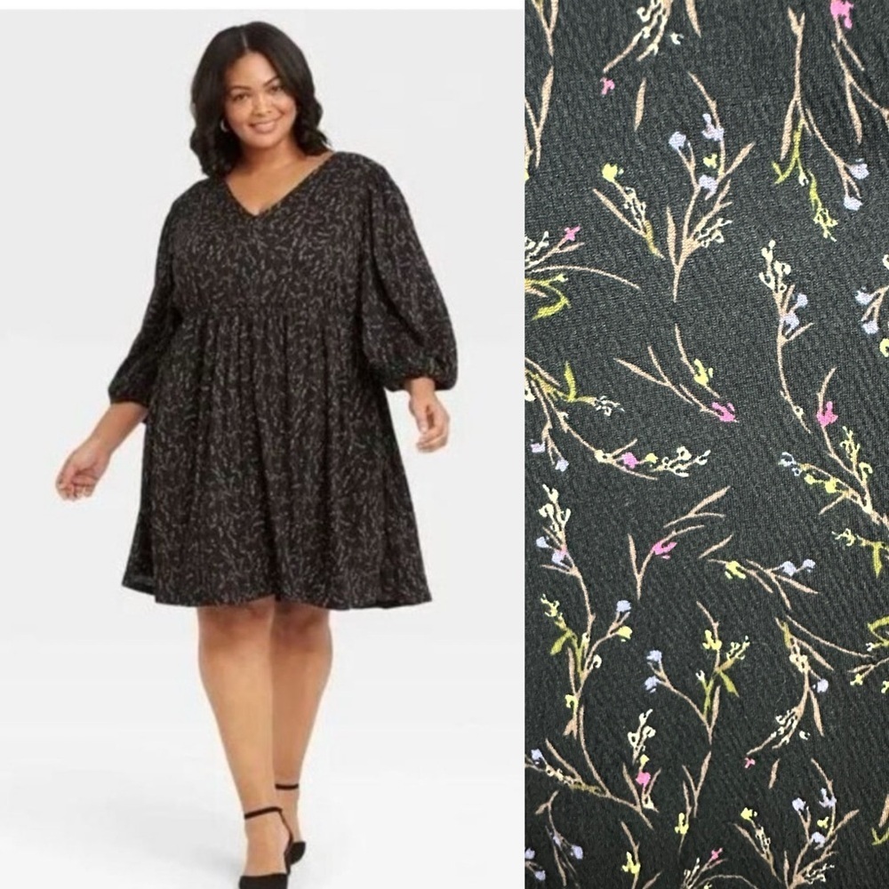 FLORAL PRINT BALLOON SLEEVE
DRESS W/POCKETS Plus Size